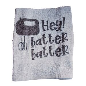 White Kitchen Towel with Humorous Gray "Batter Batter" Design